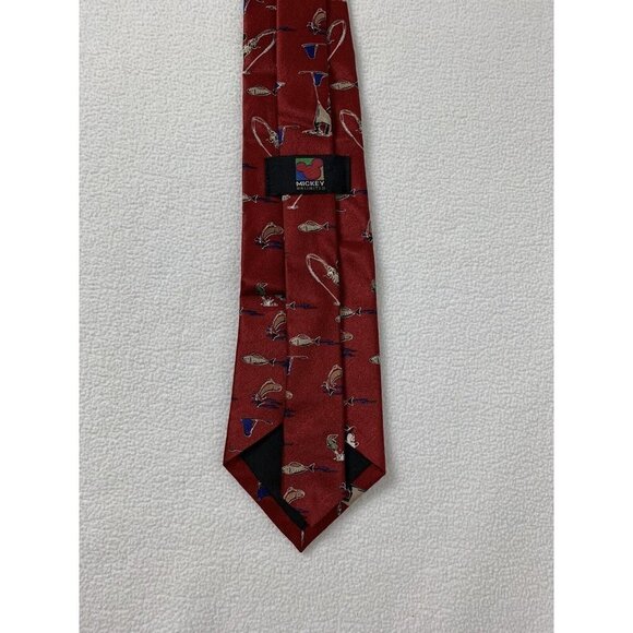 Mickey Unlimited Disney Men's Tie Mickey Goofy Fishing Red Novelty Vintage - Picture 2 of 5